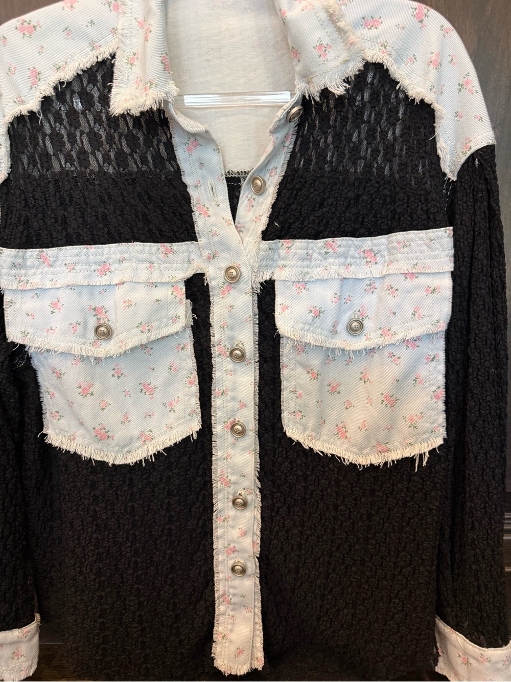 POL Black Textured Button-Down with Light Blue Floral Trim - Picture 2 of 11